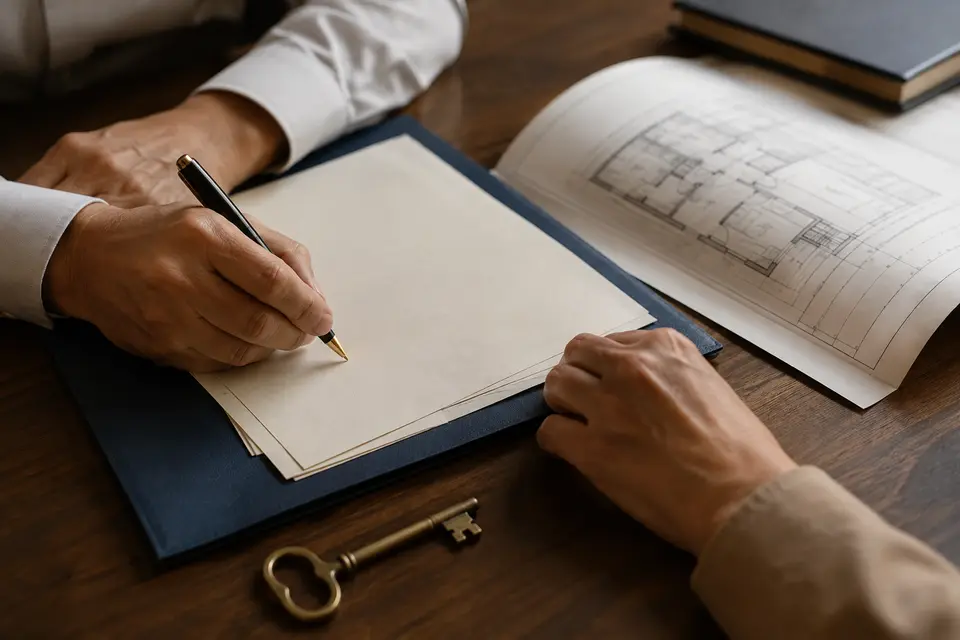 Contrato de compra e venda ao lado da planta de um imóvel